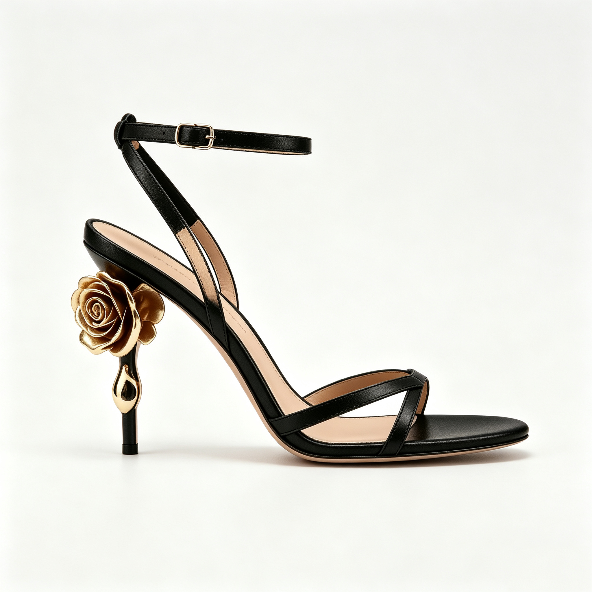 Black Leather 3D Gold Rose Sculpted Heel Ankle Strap Sandals