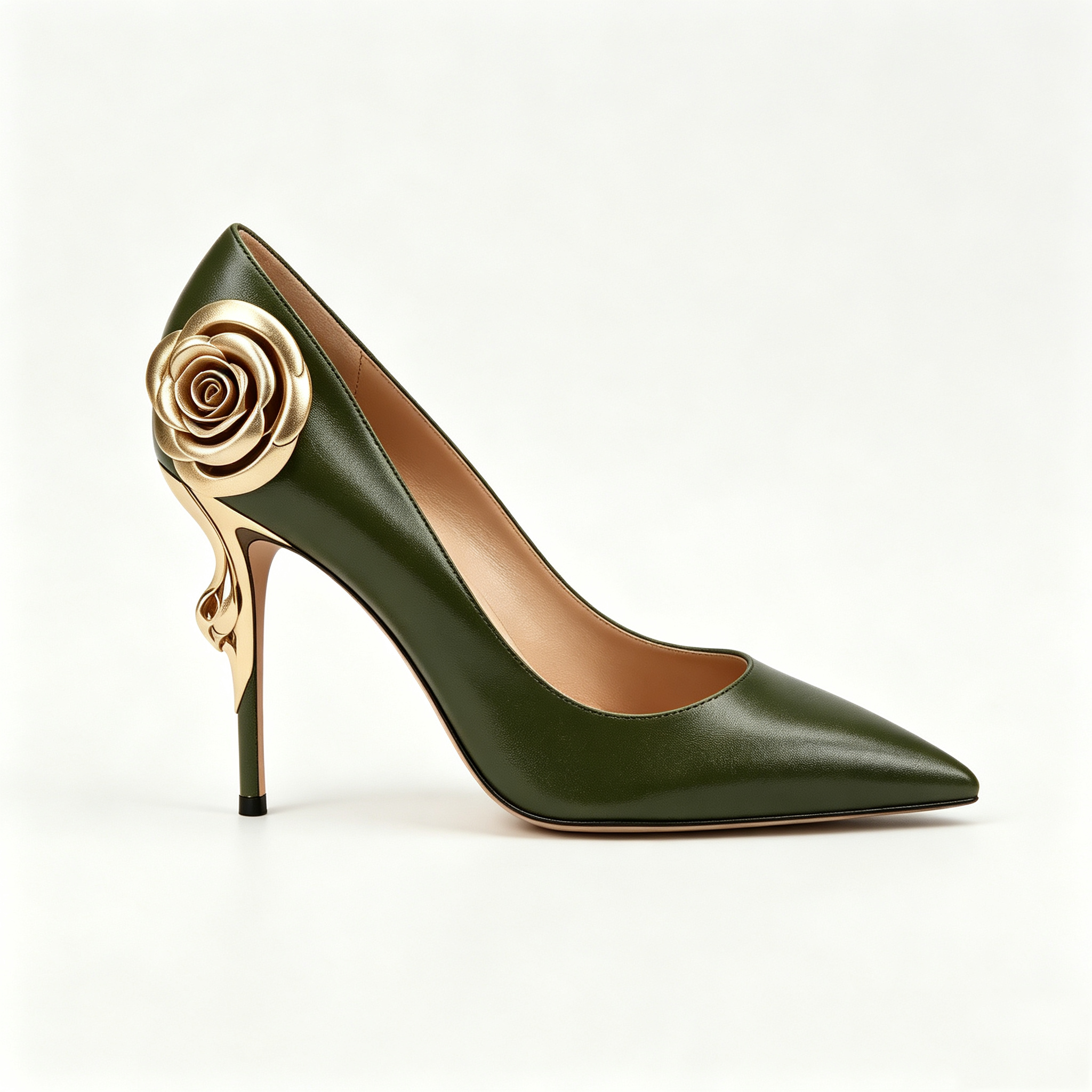 Dark Green Leather Gold Rose Sculpted Heel Pointed Toe Pumps