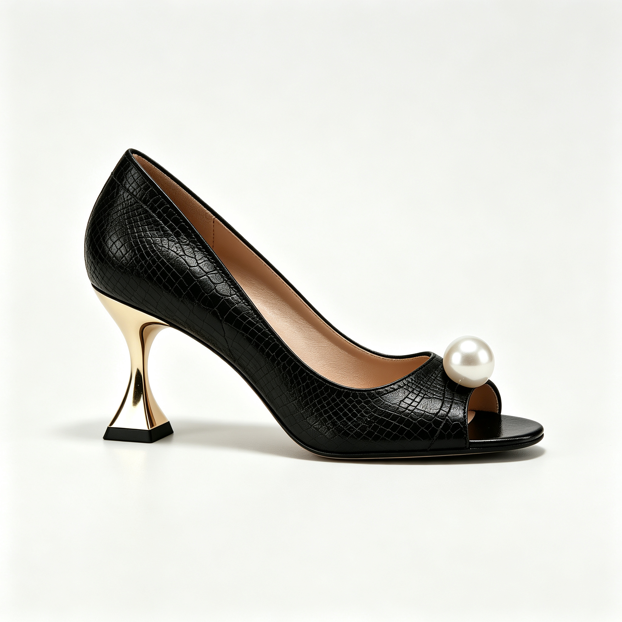 Black Croc Embossed Peep Toe High Heels with Large Pearl Decoration