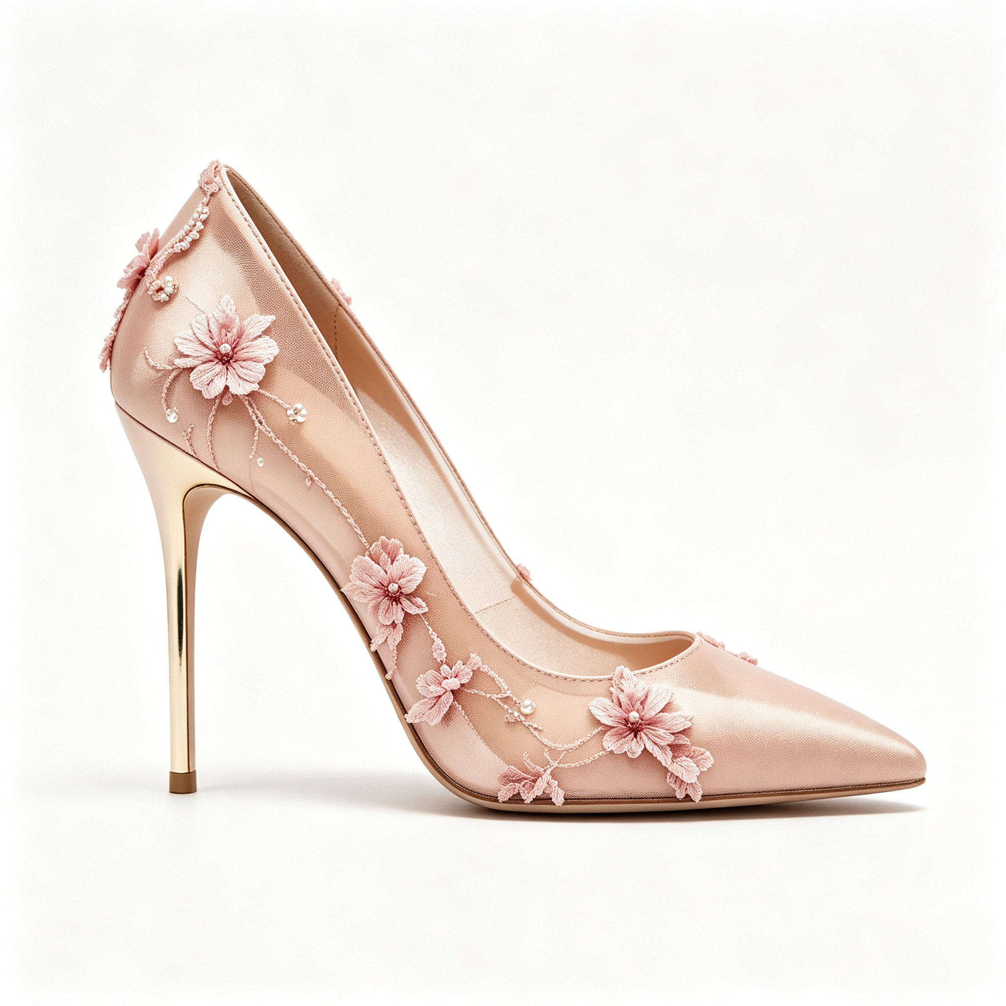 Blush Pink 3D Floral Embroidery Mesh Stiletto Heel Pumps