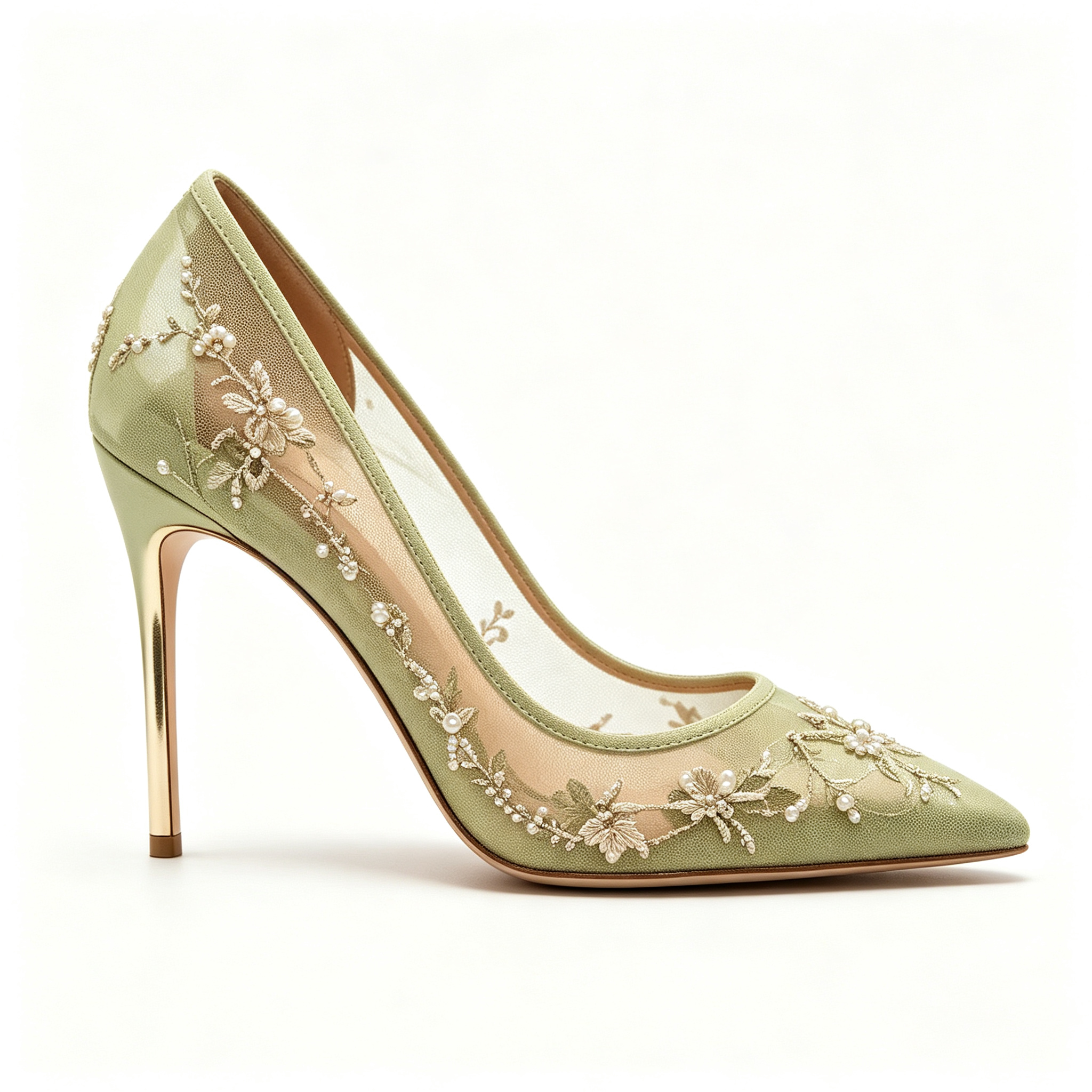 Sage Green Mesh Pearl Floral Embroidered Pointed‑Toe Stiletto Pumps