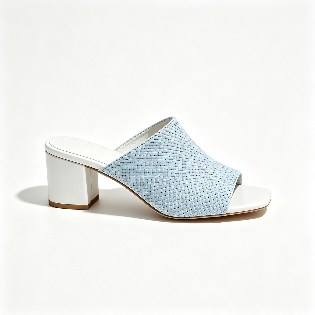 Light Blue Woven Peep‑Toe Block Heel Mules