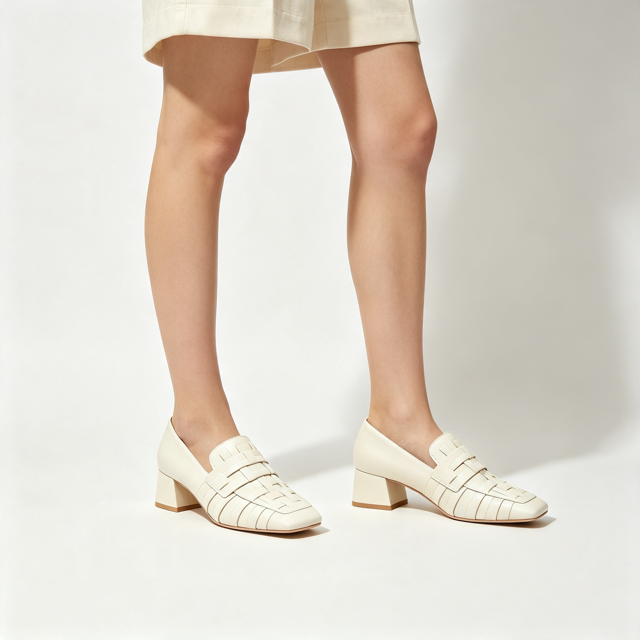 Cream Woven Square‑Toe Block Heel Loafers