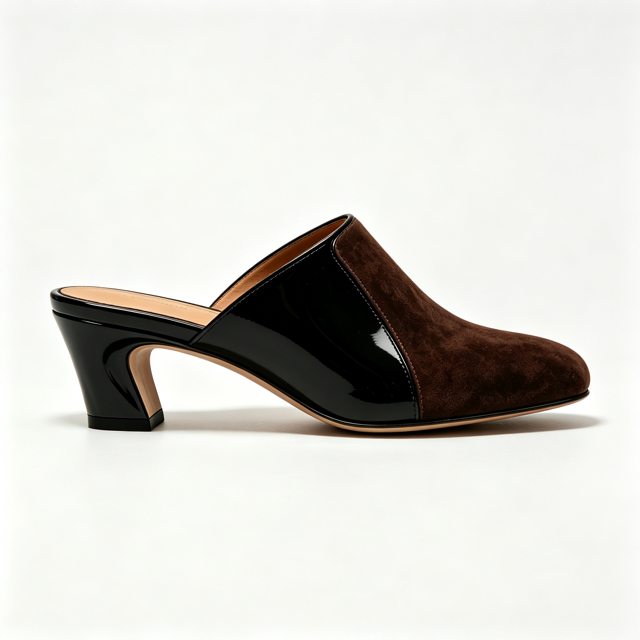 Brown Suede & Patent Leather Mixed‑Media Mule Heels