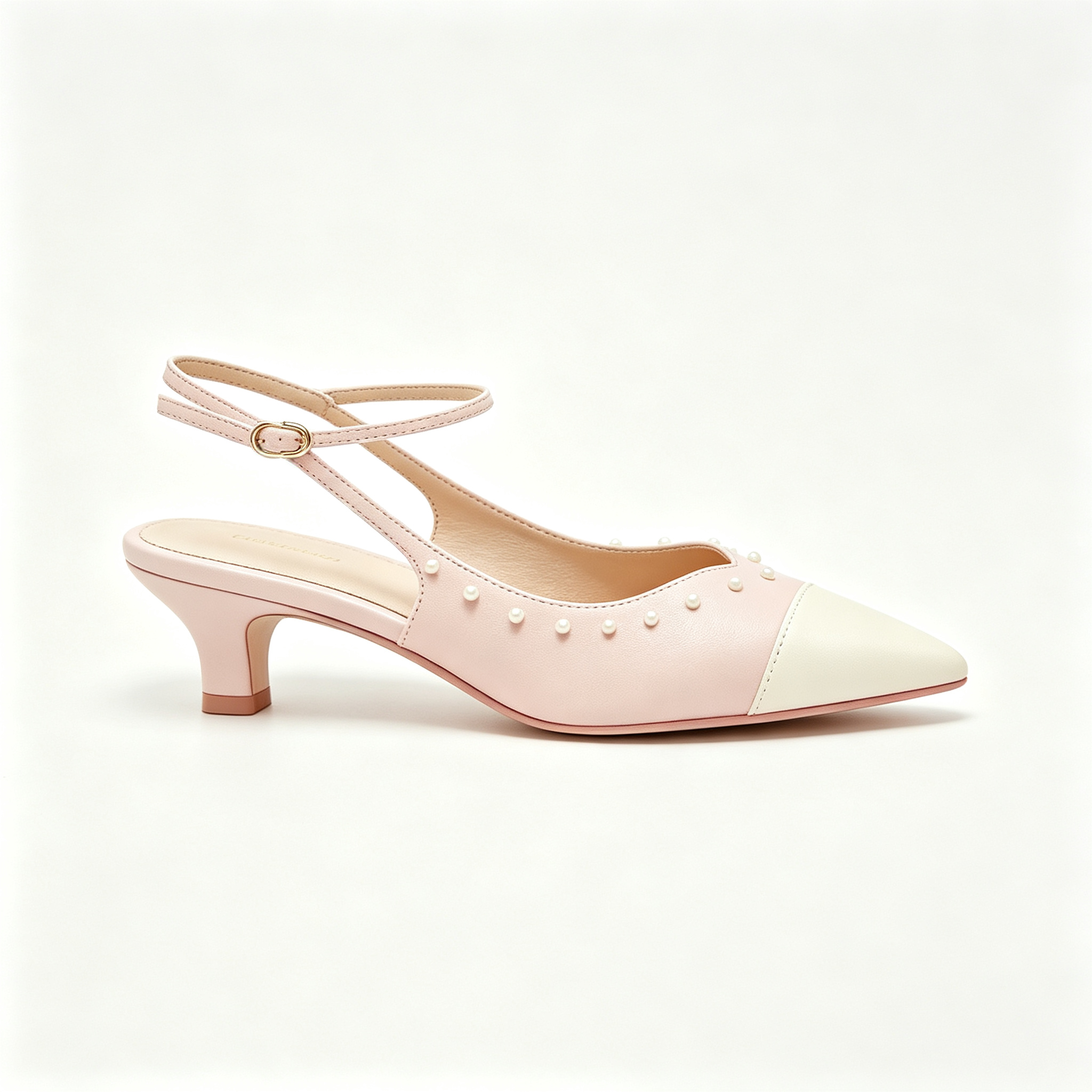 Pink Pearl‑Embellished Two‑Tone Slingback Kitten Heels
