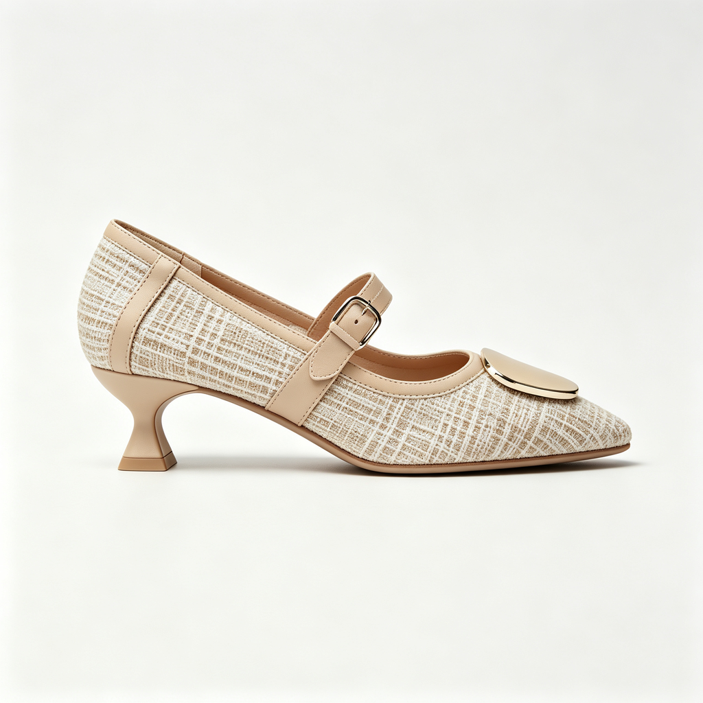 Beige Tweed Mary Jane Kitten Heel Pumps with Metal Buckle