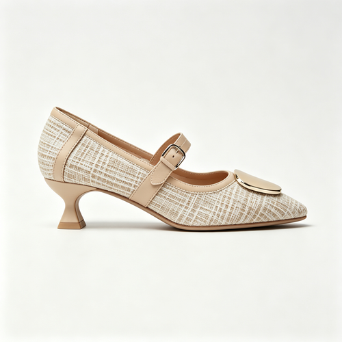 Beige Tweed Mary Jane Kitten Heel Pumps with Metal Buckle