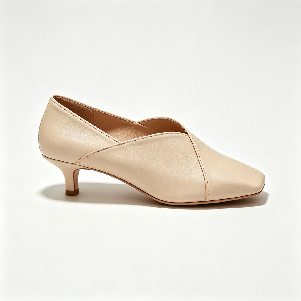 Beige V‑Cut Square Toe Kitten Heel Pumps