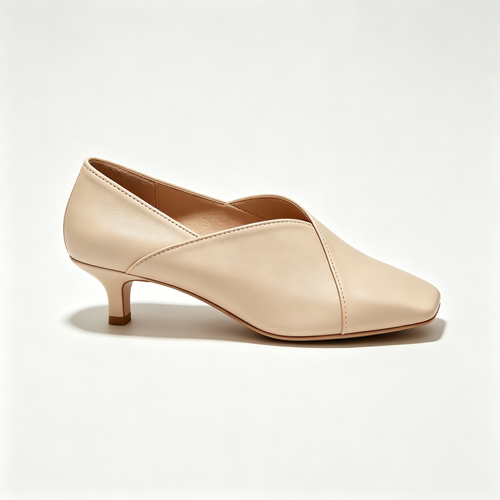 Beige V‑Cut Square Toe Kitten Heel Pumps