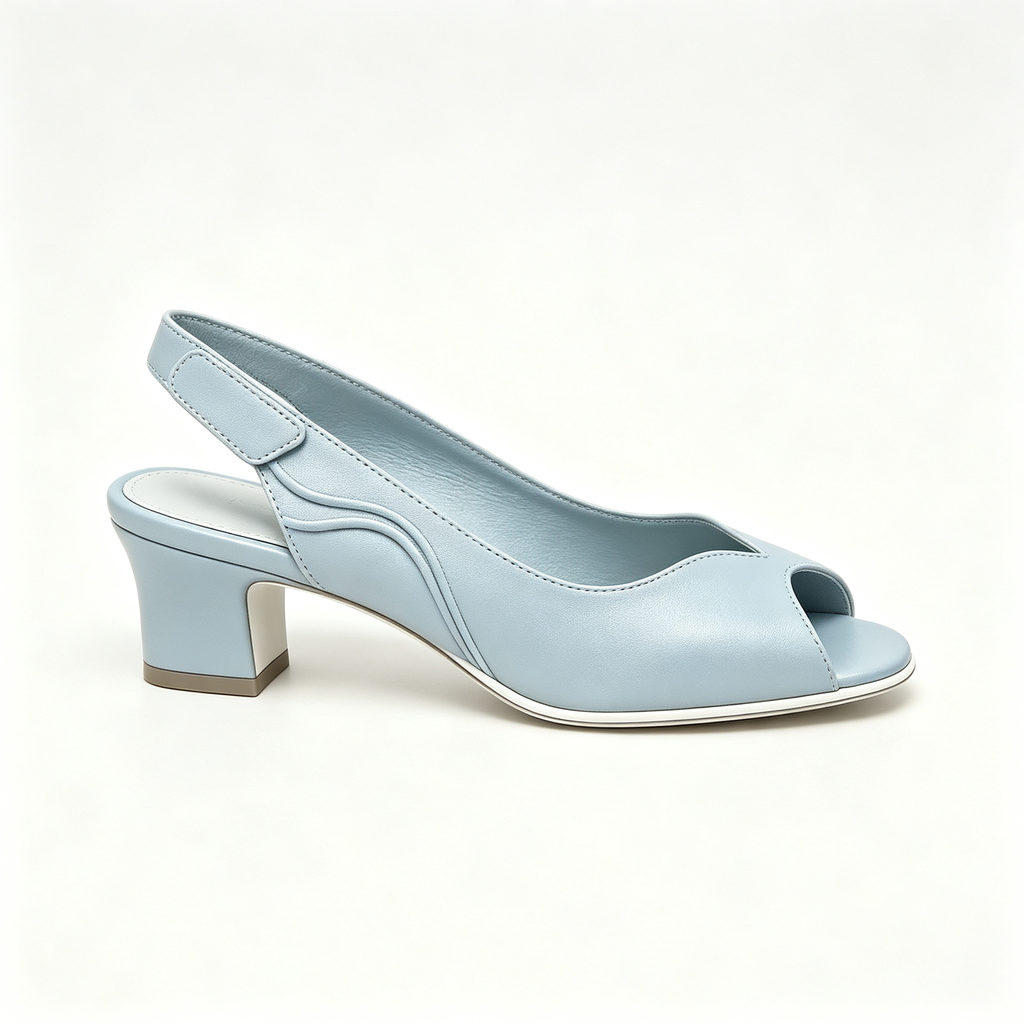Light Blue Curved Seam Peep‑Toe Slingback Block Heels