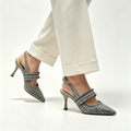 Grey Plaid Ruffled Slingback Heels with Rhinestone Trim