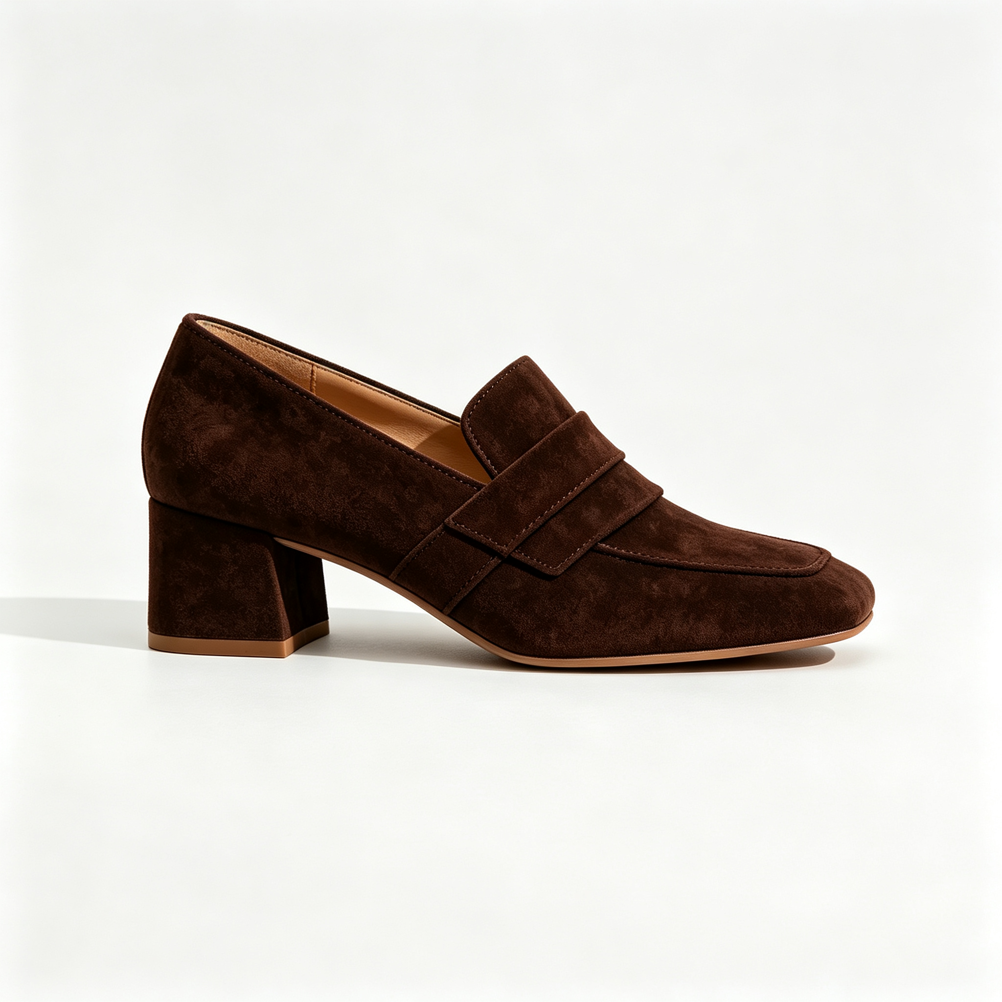Dark Brown Suede Square Toe Loafer Block Heels
