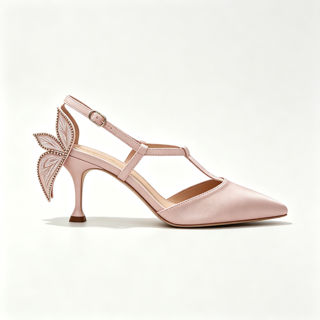Pink Satin Slingback Pointed Heels with Embellished Butterfly Accent