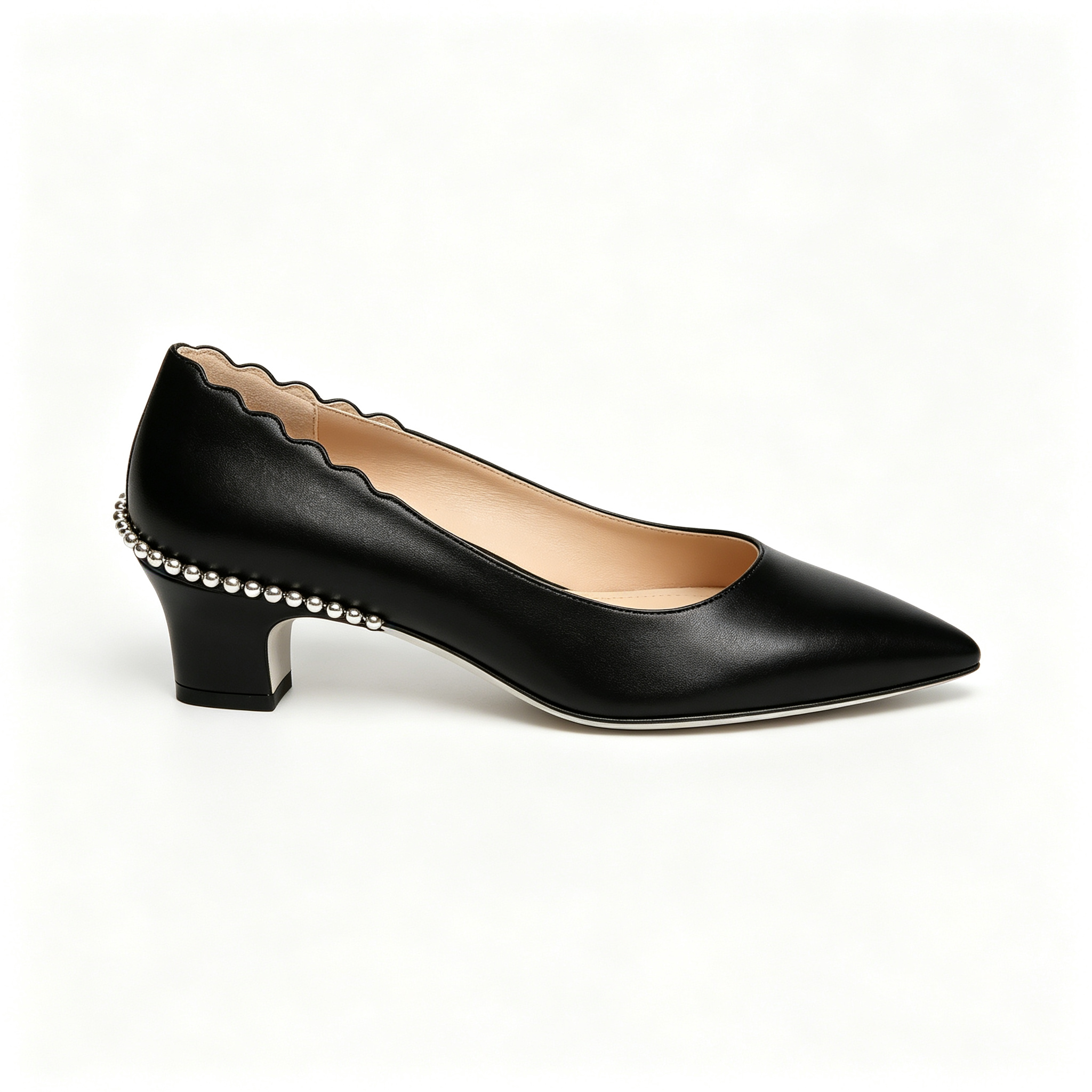 Black Scallop‑Edge Stud‑Detail Pointed Toe Block Heel Pumps