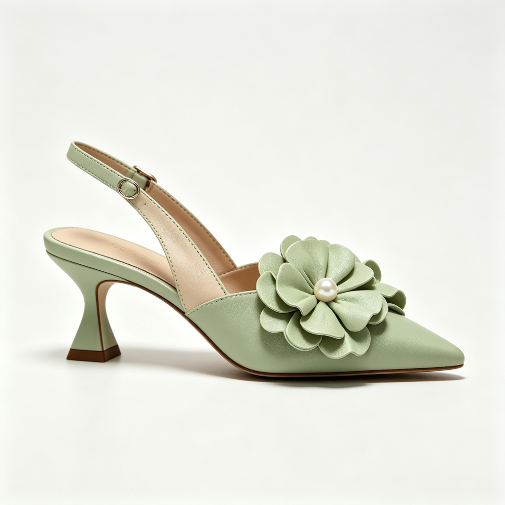 Light Green Slingback Heels with 3D Floral and Pearl Detail