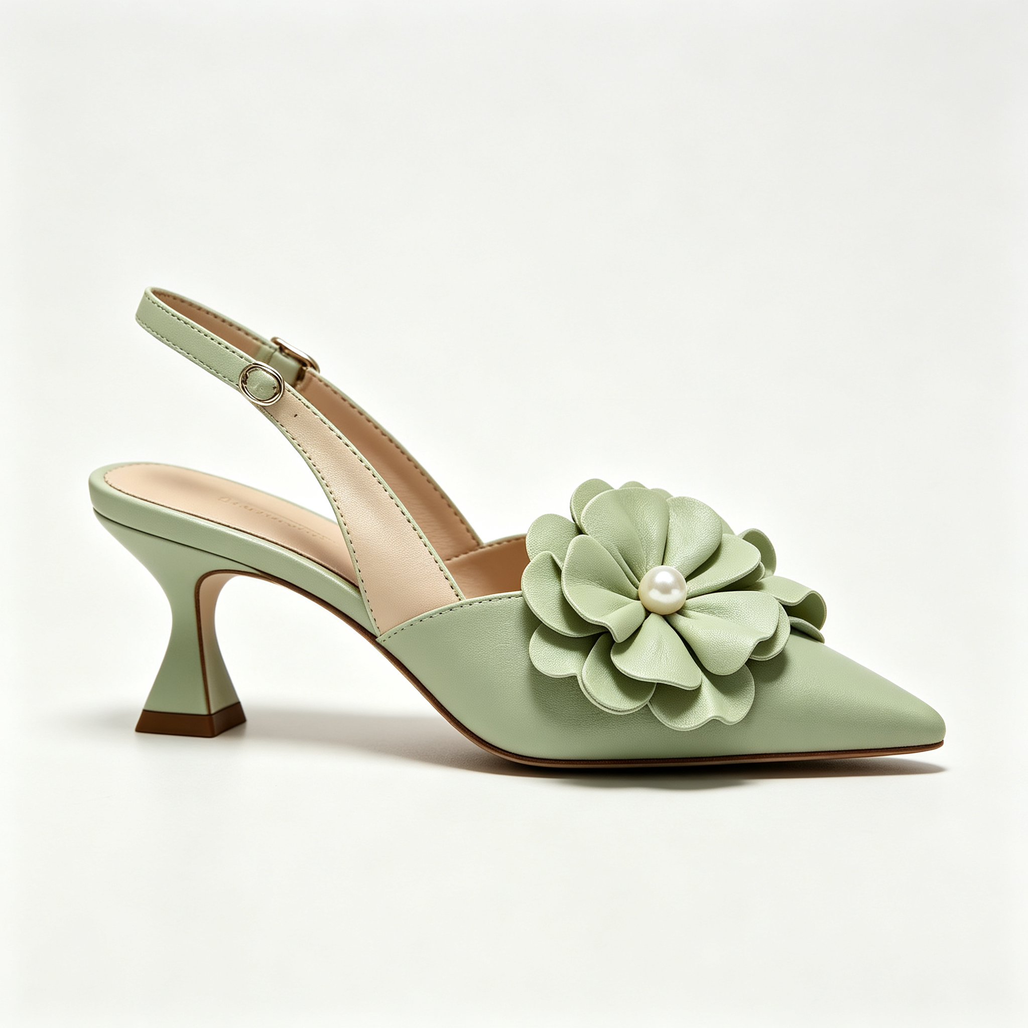 Light Green Slingback Heels with 3D Floral and Pearl Detail
