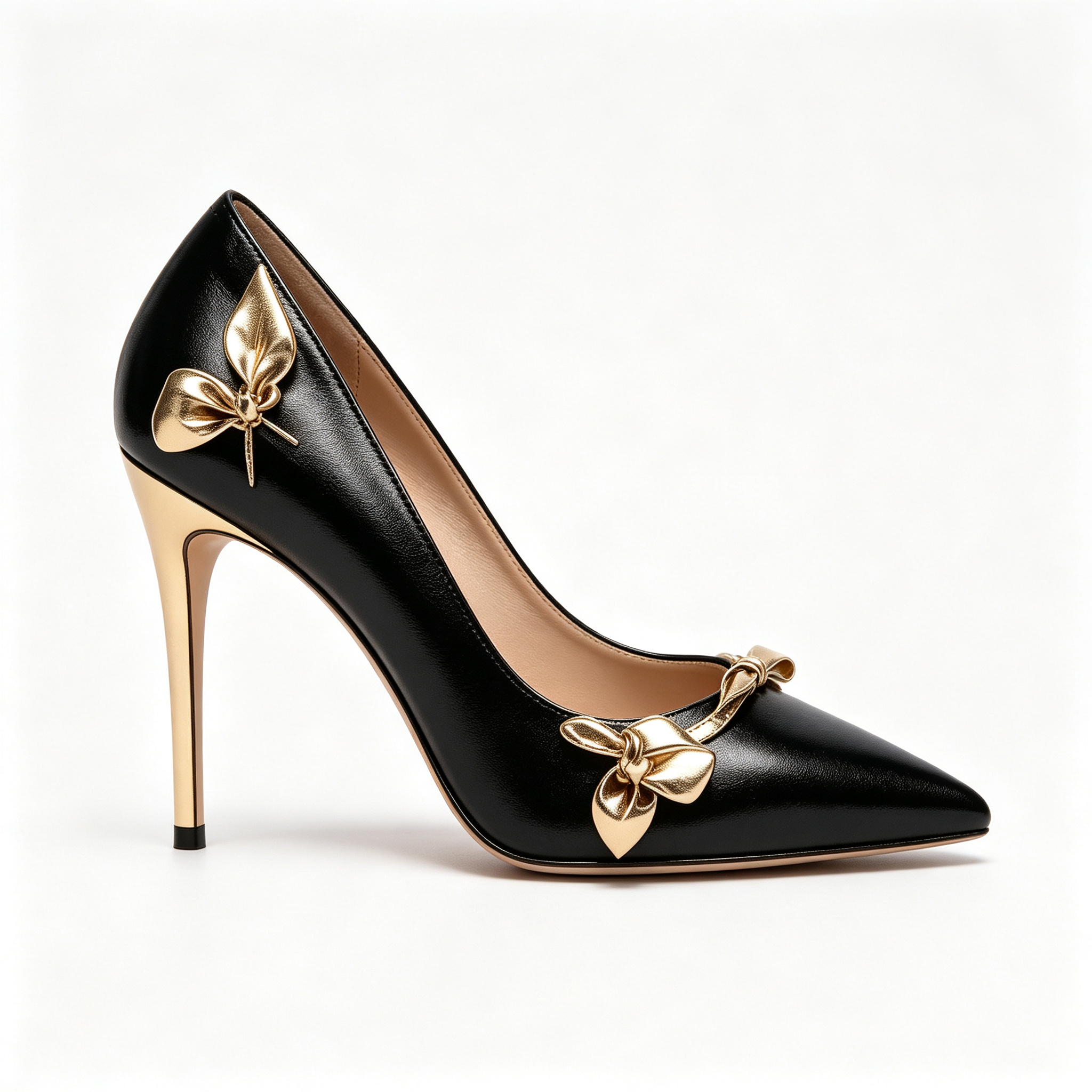 Black Smooth Leather Gold Metal Bow Detail Pointed Stiletto Heels