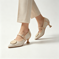 Beige Tweed Mary Jane Kitten Heel Pumps with Metal Buckle
