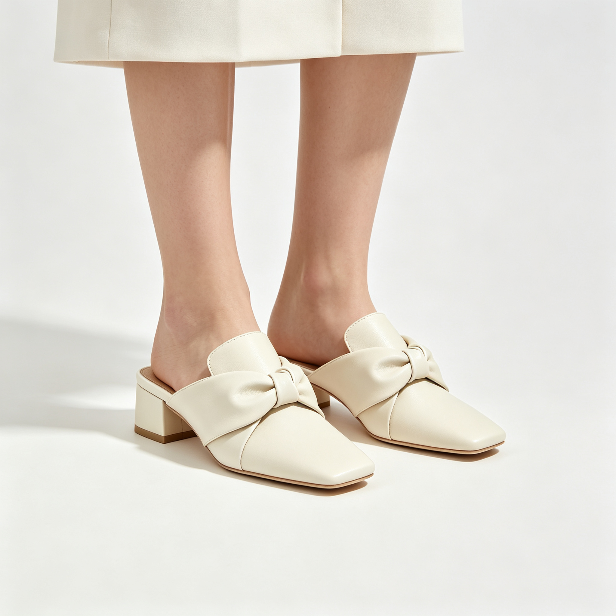 Cream Knotted Block Heel Mules