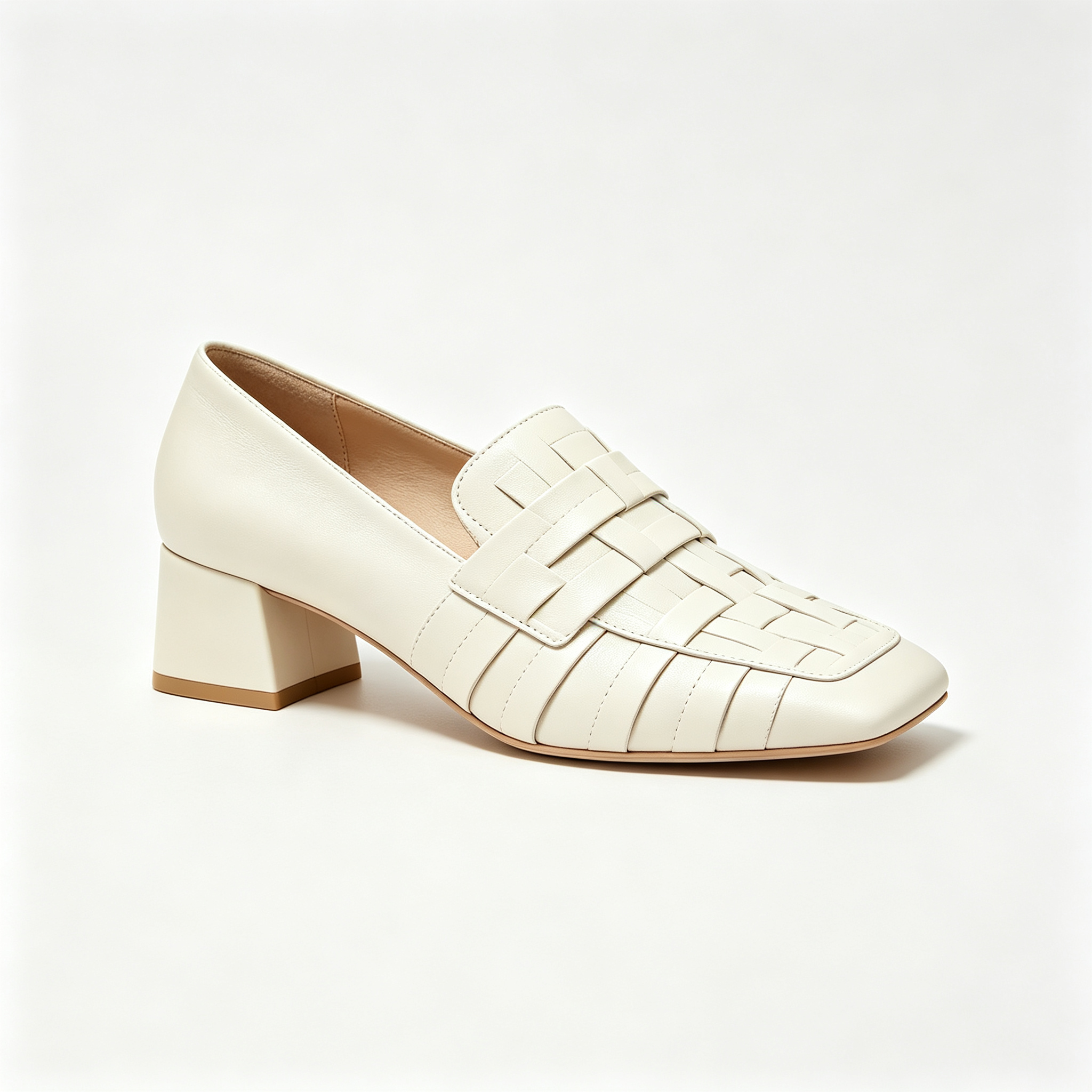 Cream Woven Square‑Toe Block Heel Loafers