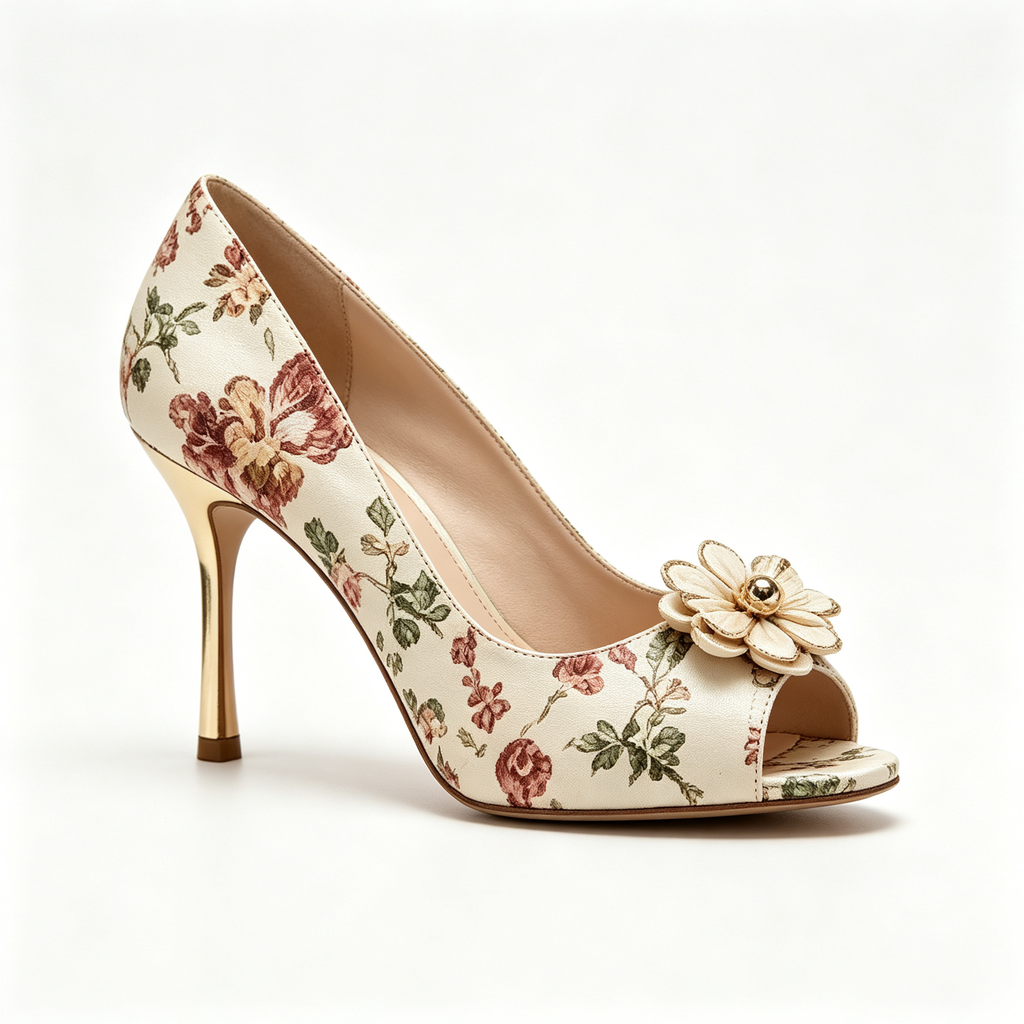 Cream Base Vintage Floral Print Peep‑Toe Stiletto Dress Heels