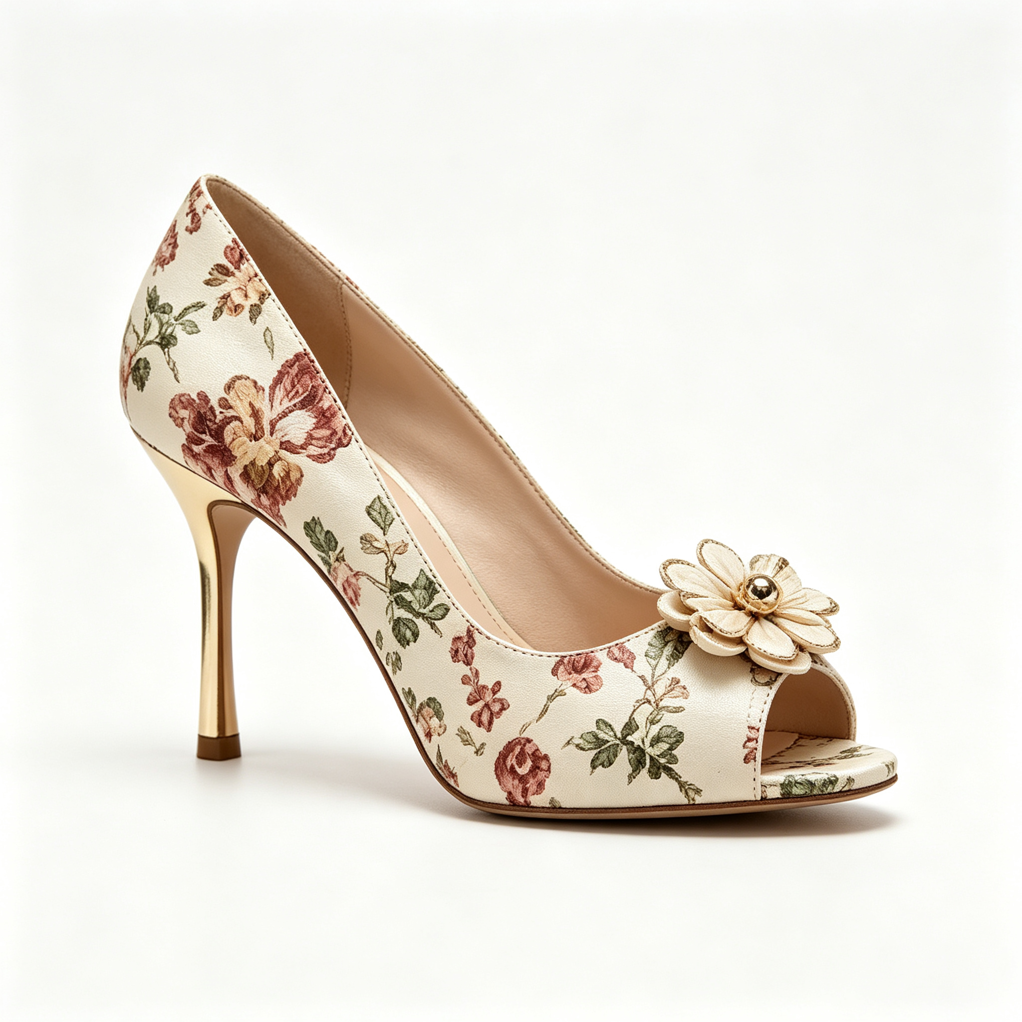 Cream Base Vintage Floral Print Peep‑Toe Stiletto Dress Heels