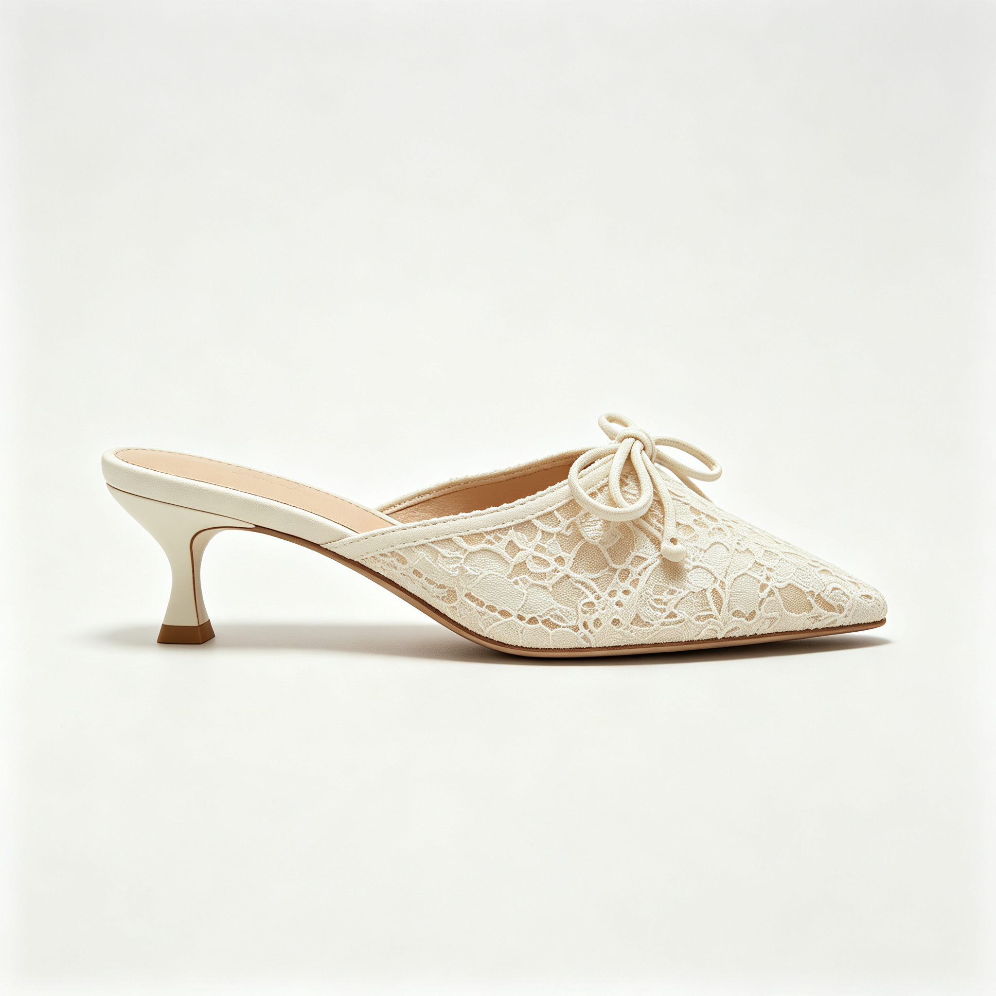 Off-White Lace Pointed Toe Mules with Front Bow