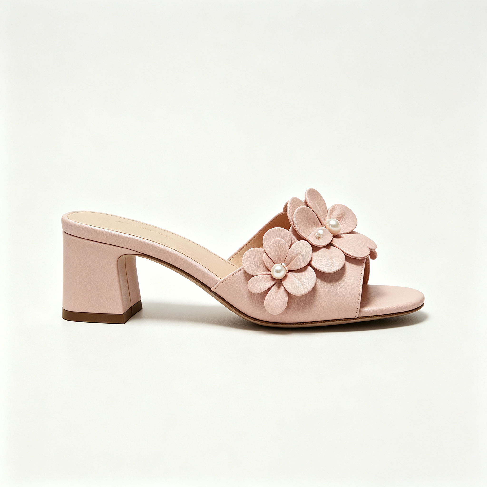 Light Pink Block Heel Slide Sandals with Floral Pearl Appliqués