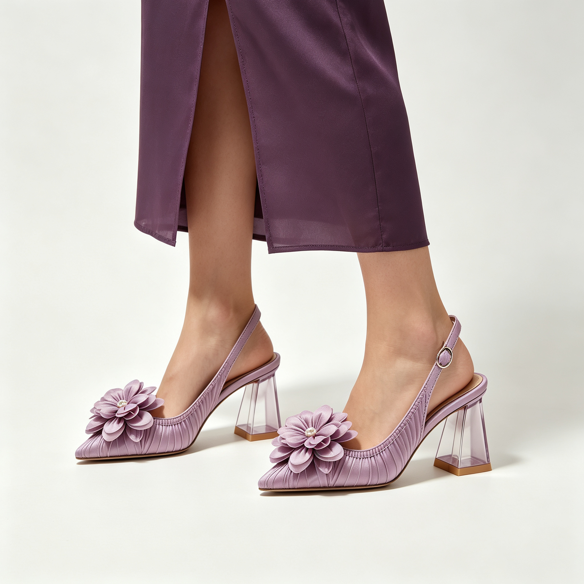 Lavender Satin Slingback Heels with Fabric Flower Accent