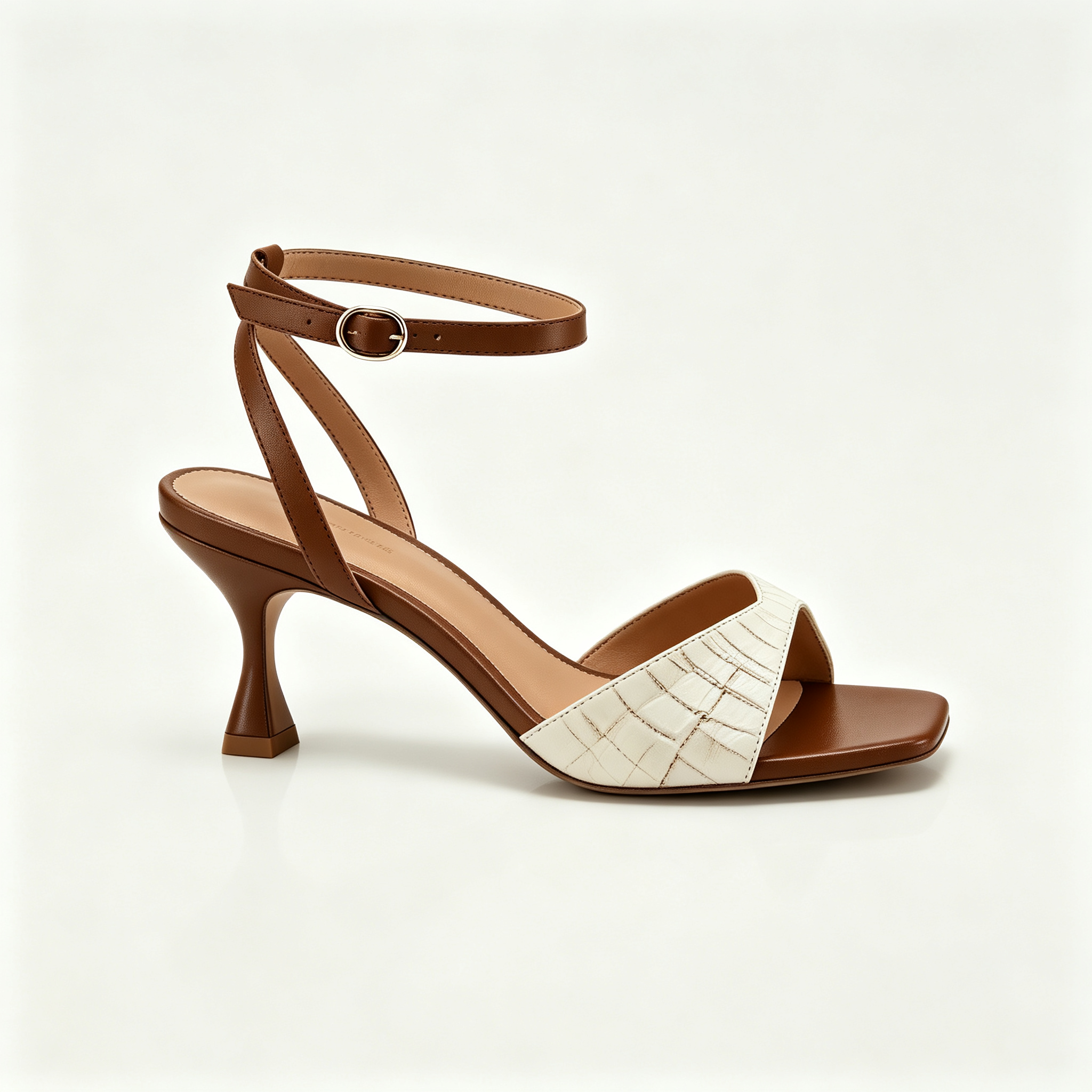 Two-Tone Brown White Croc Print Ankle Strap Square Toe Heels