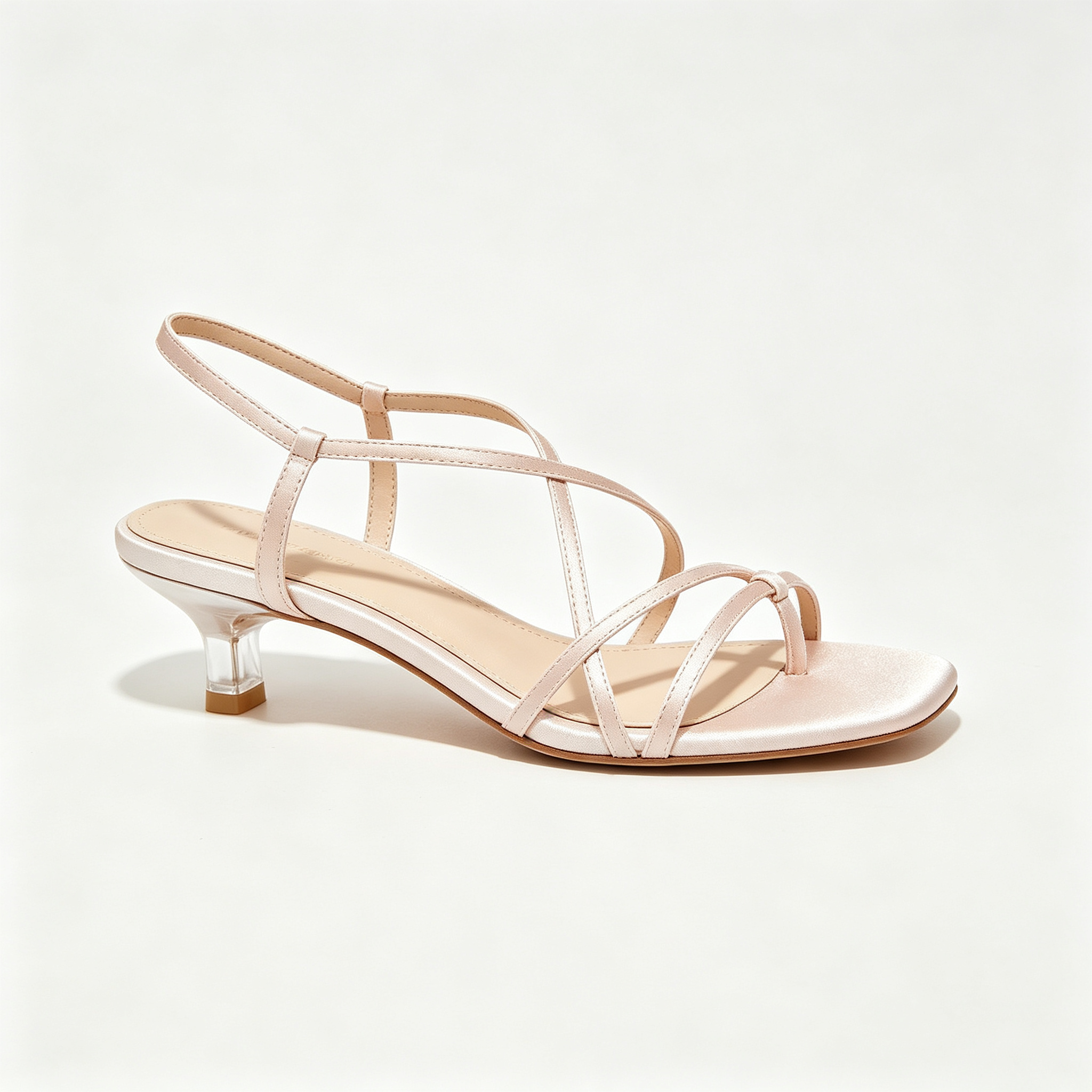 Champagne Satin Strappy Slingback Kitten Heel Sandals