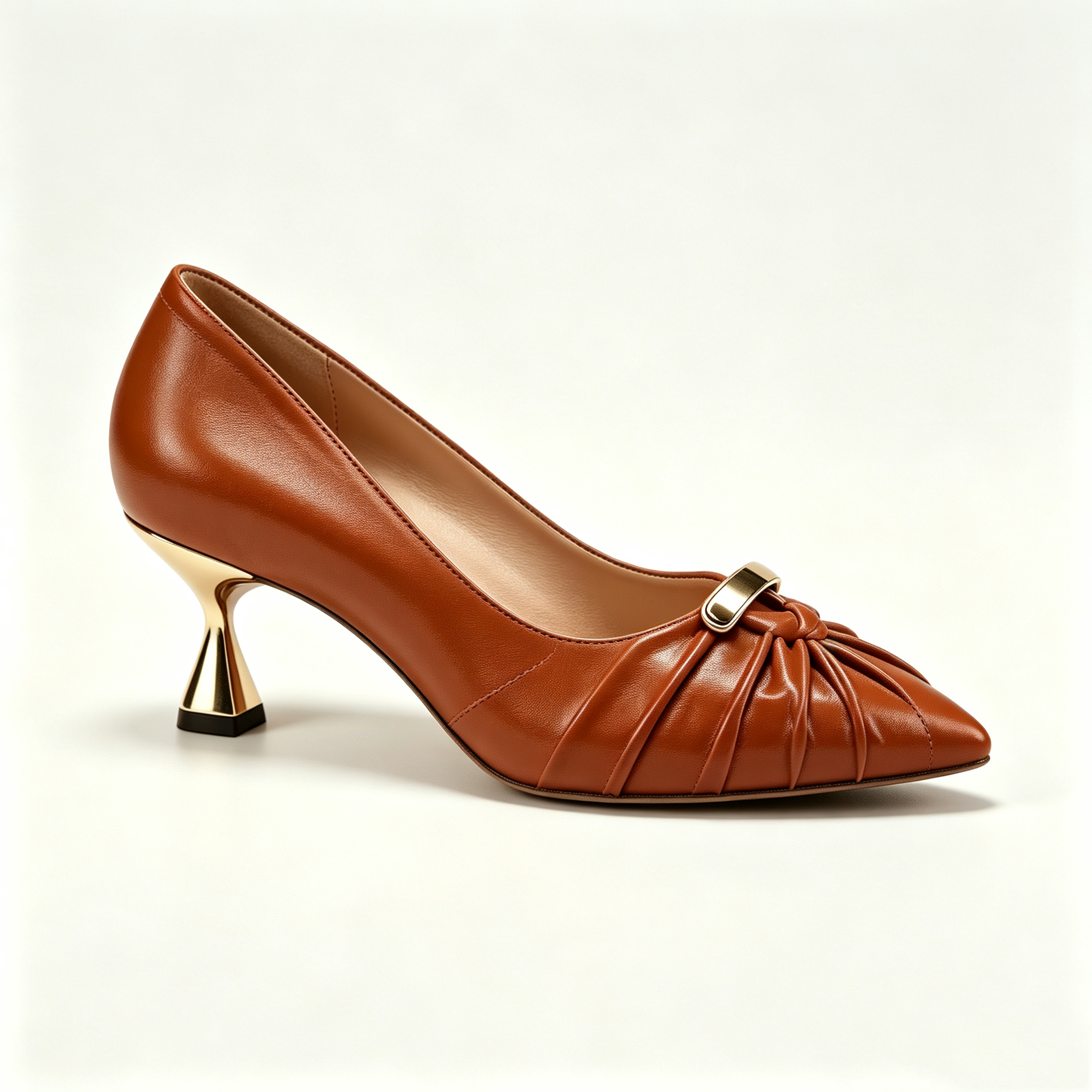 Caramel Ruched Pointed Toe Pumps with Metallic Kitten Heel
