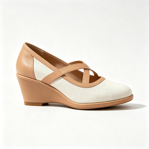 Beige Canvas Leather Cross-Strap Wedge Heel Pumps