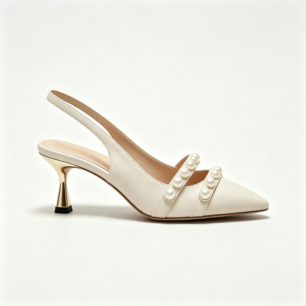 Off-White Pearl Strap Slingback Pointed High Heels