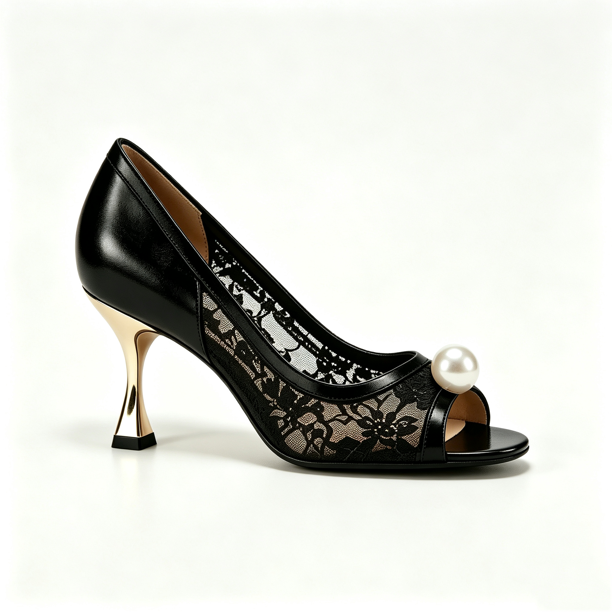 Black Lace Peep Toe Heels with Pearl Decoration