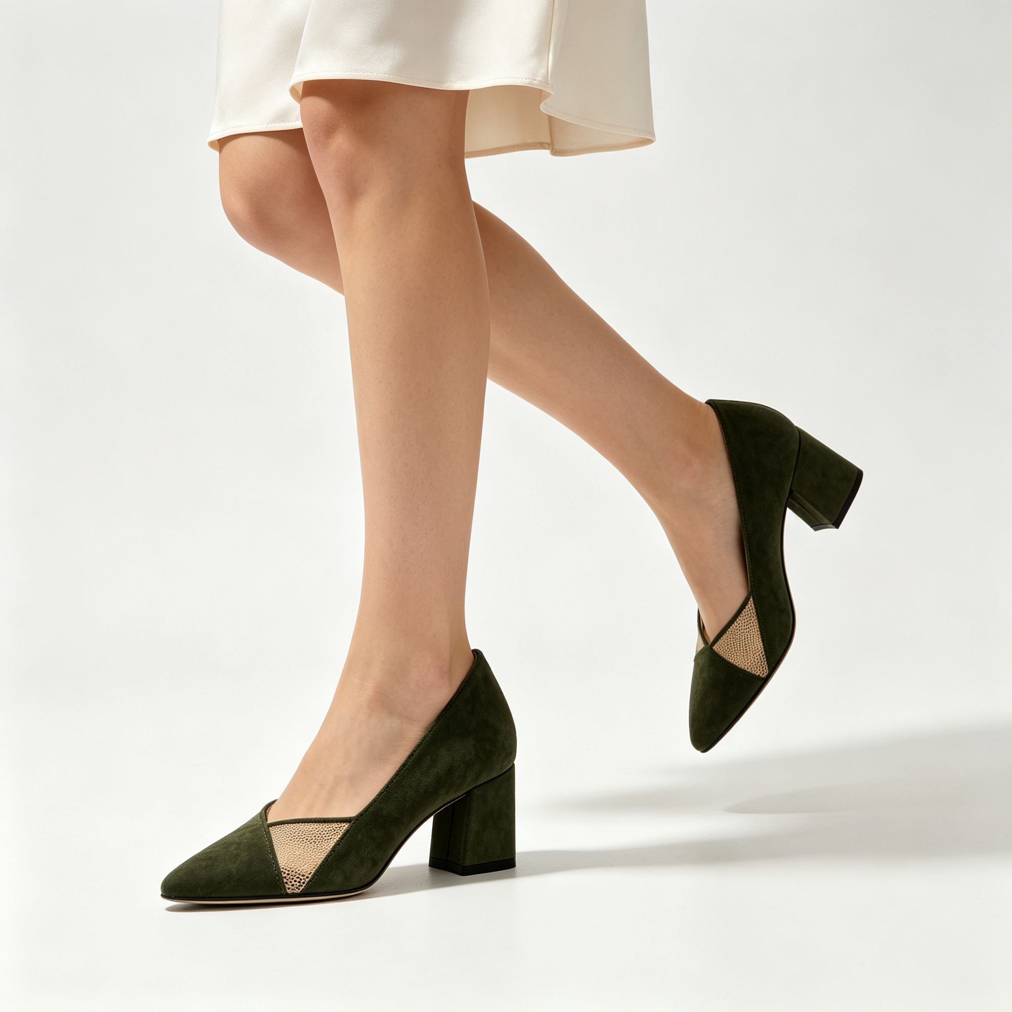 Dark Green Suede Mesh Inset Pointed Toe Block Heel Pumps