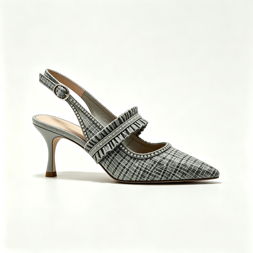 Grey Plaid Ruffled Slingback Heels with Rhinestone Trim
