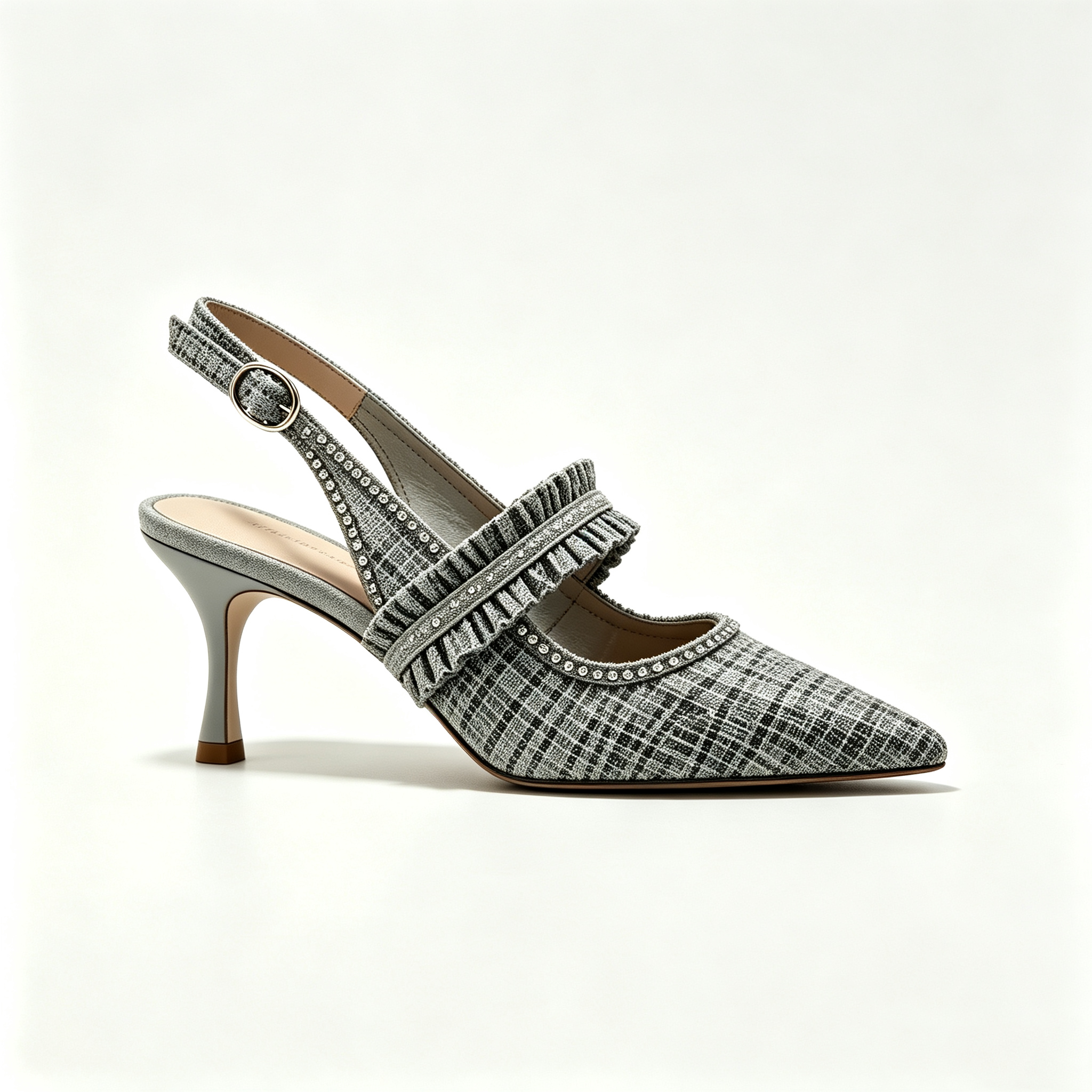 Grey Plaid Ruffled Slingback Heels with Rhinestone Trim
