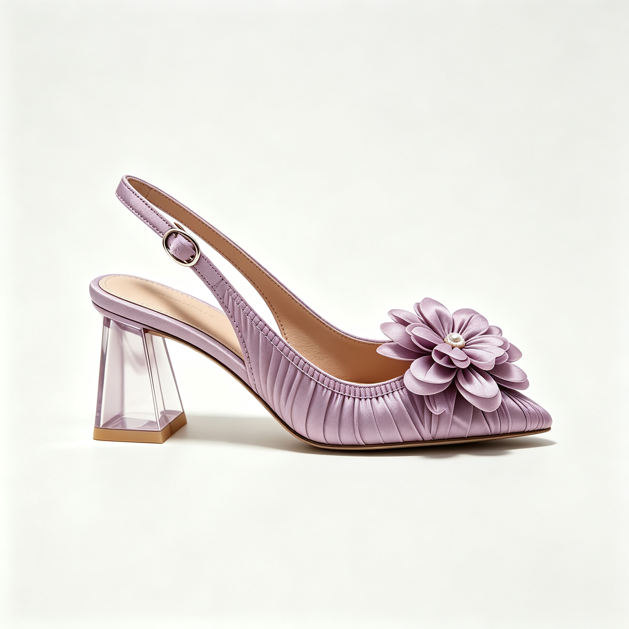 Lavender Satin Slingback Heels with Fabric Flower Accent