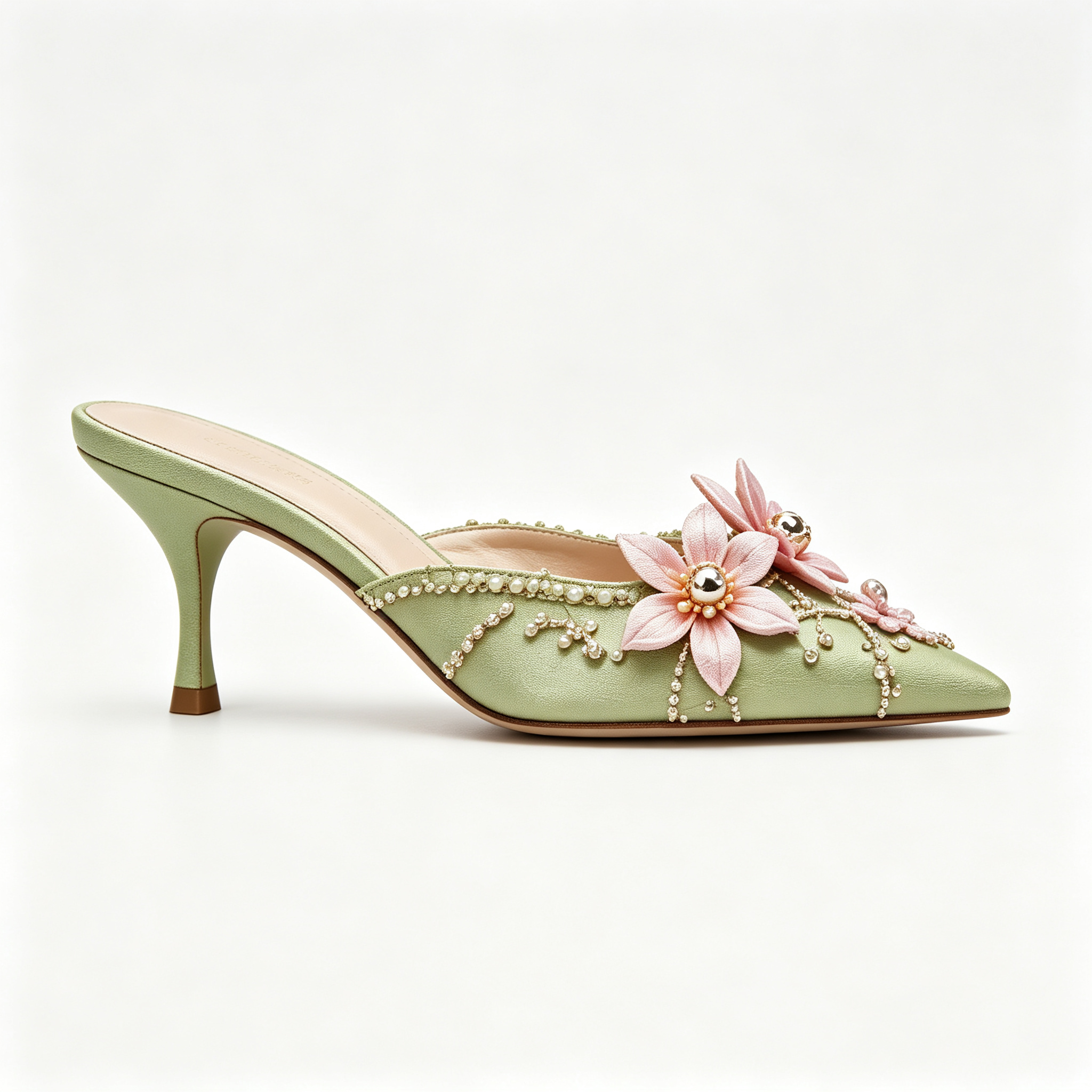 Light Green Pointed Mule Heels with Pink Floral Pearl Embellishments