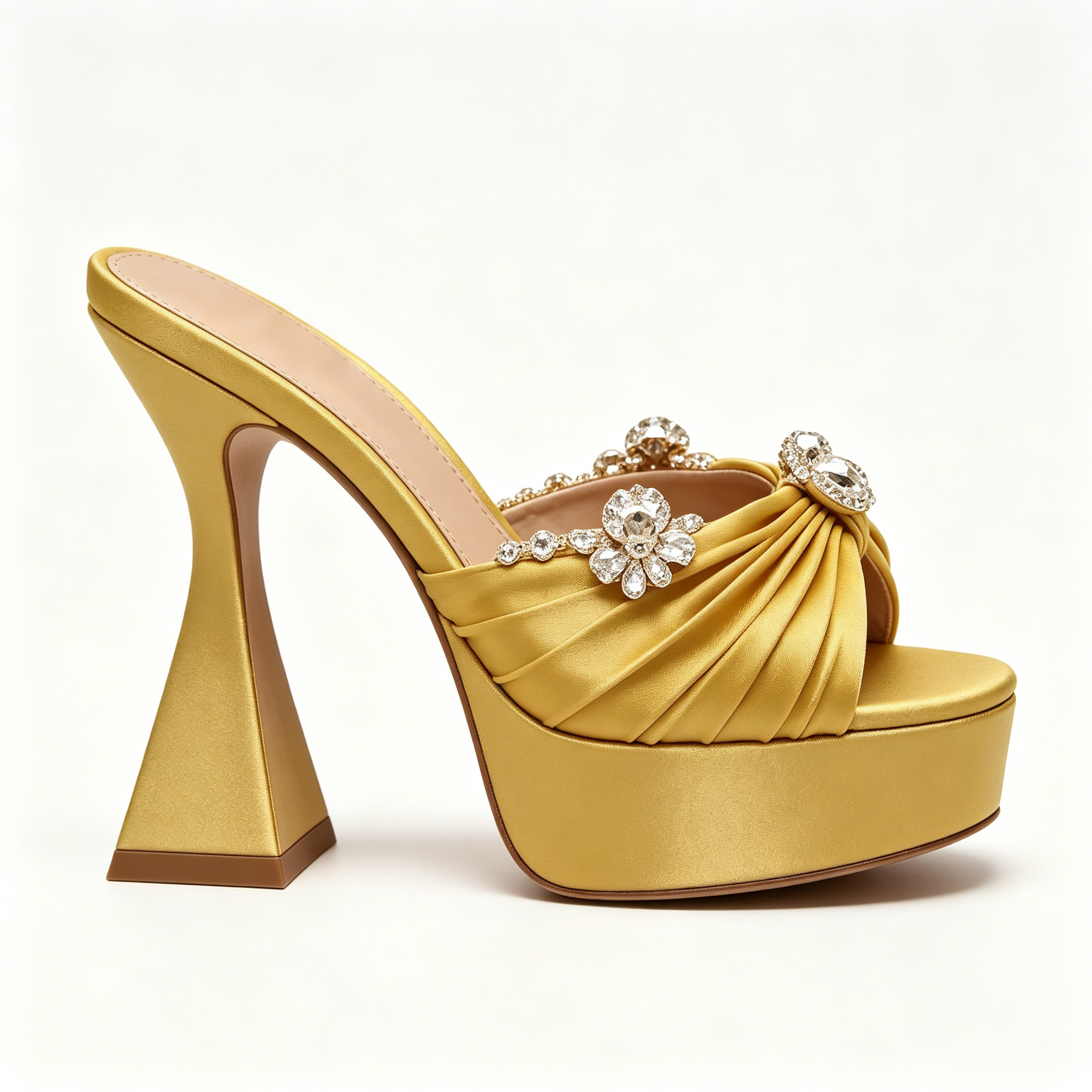 Luxe Gold Satin Pleated Crystal Embellished Platform Mule Heels