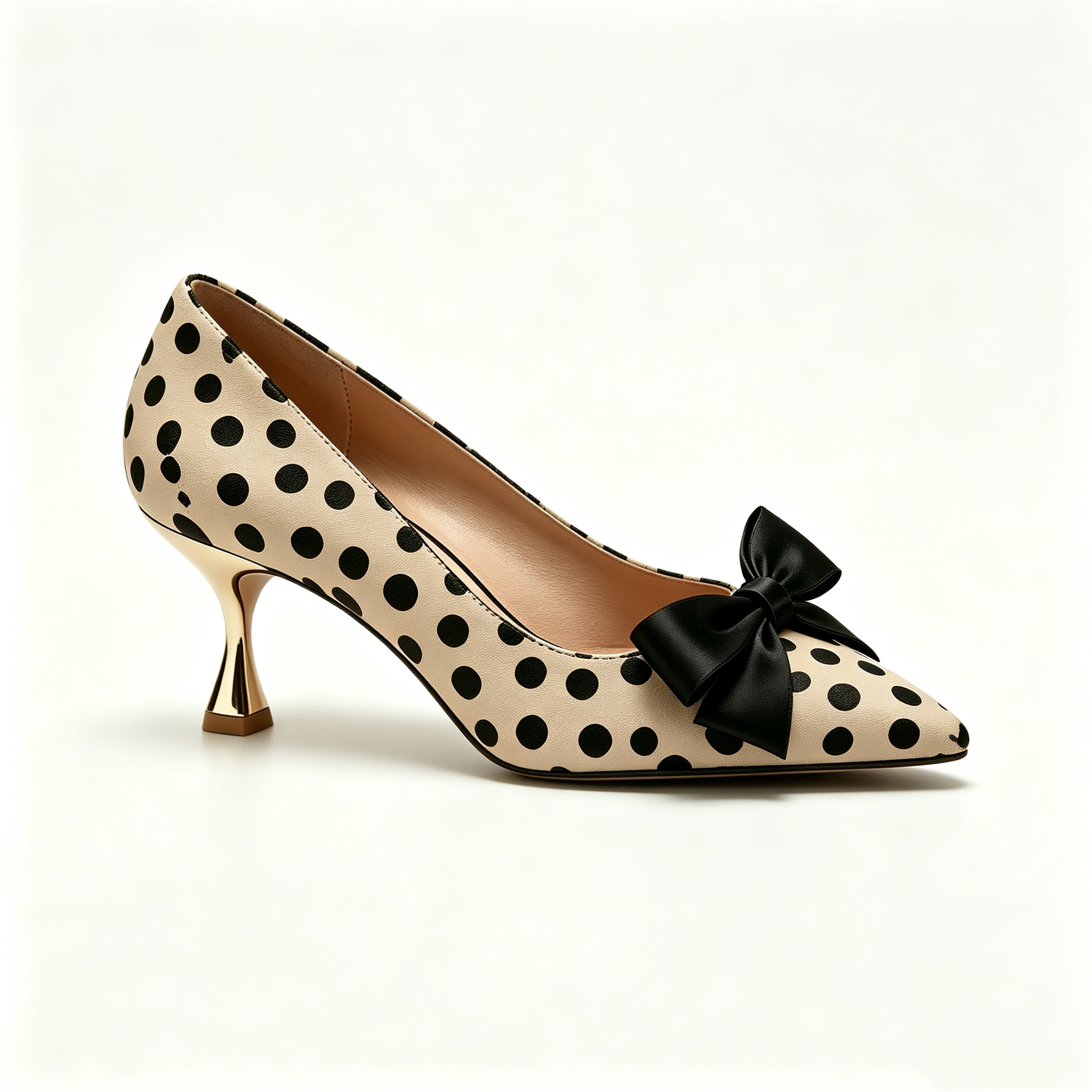 Beige Polka Dot Pointed Heels with Black Satin Bow