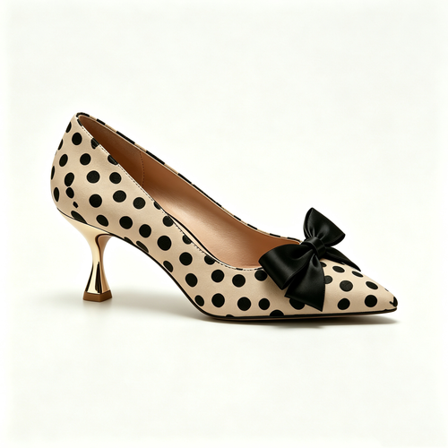 Beige Polka Dot Pointed Heels with Black Satin Bow