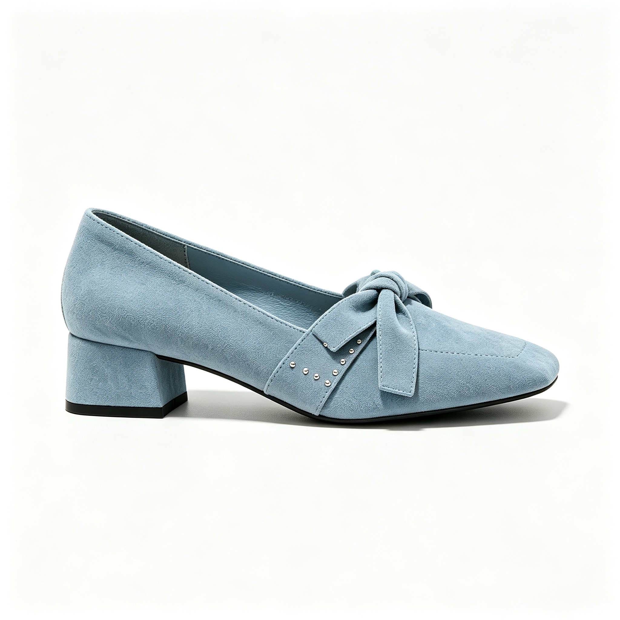 Dusty Blue Suede Bow Decor Block Heel Loafers
