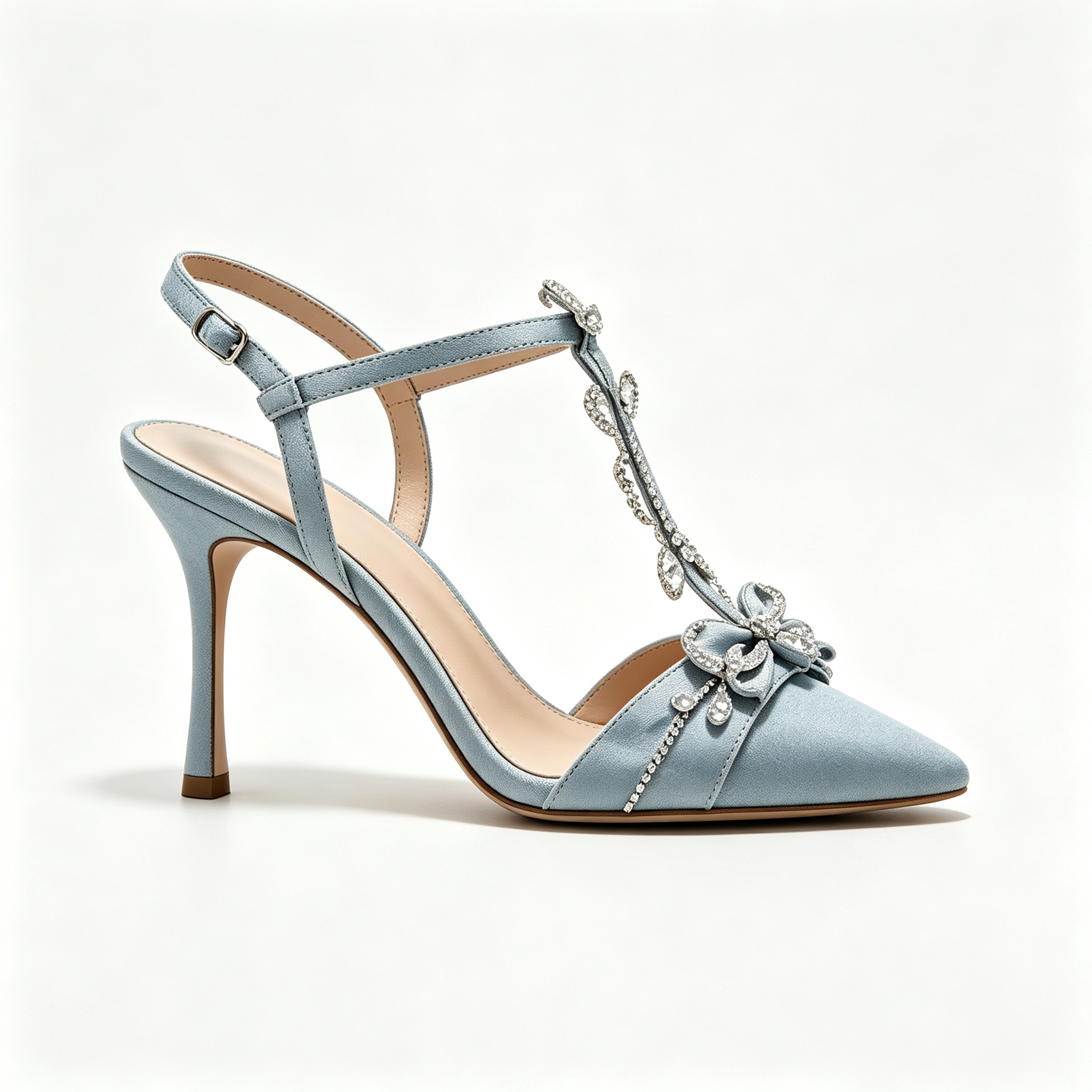 Dusty Blue Satin Crystal Bow T‑Strap Slingback Pointed Heels