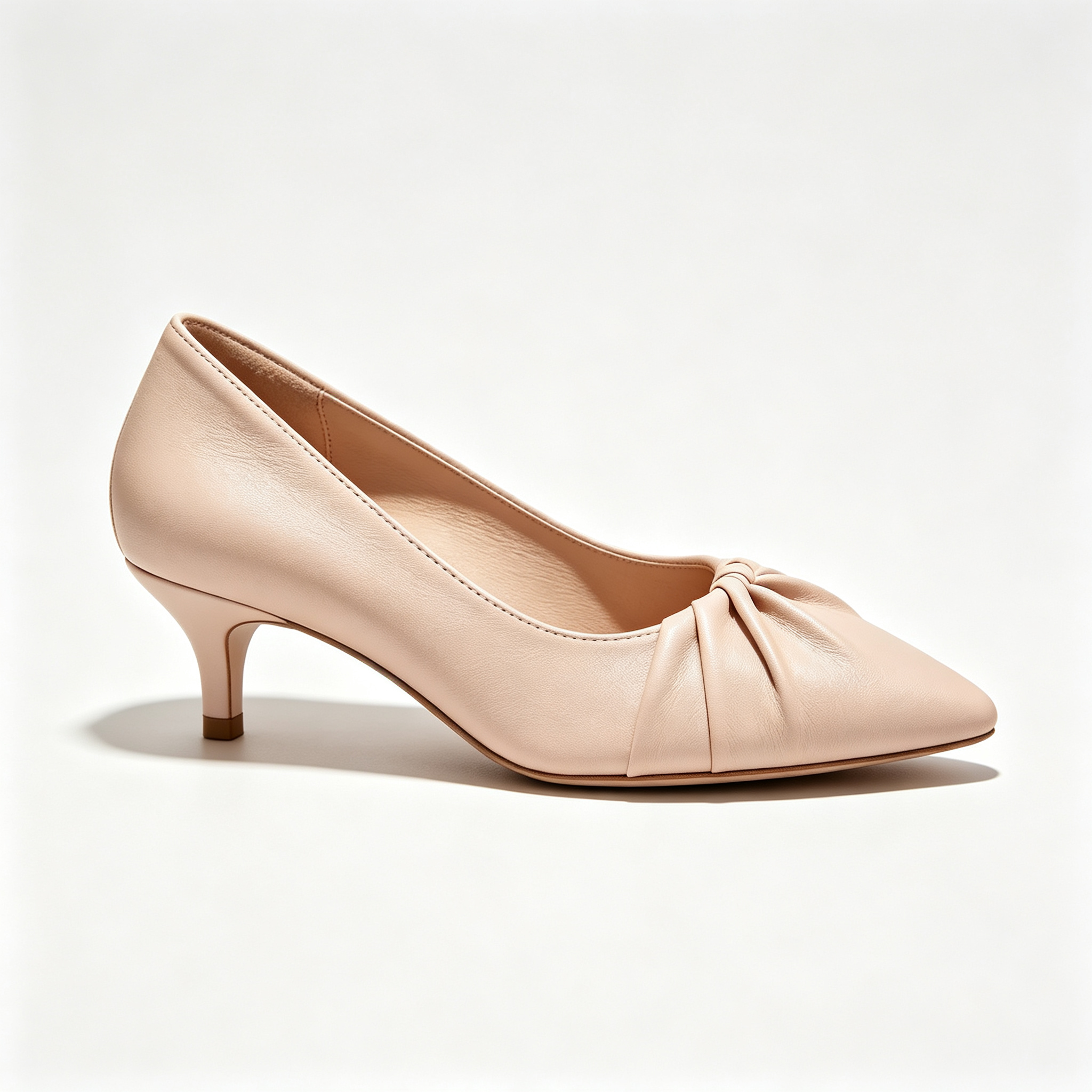 Nude Leather Ruched Pointed Toe Kitten Heel Pumps