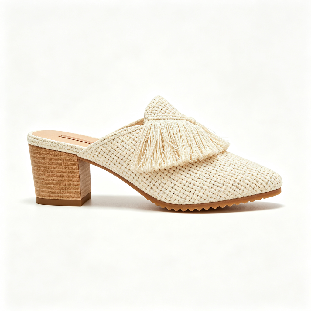 Cream Woven Tassel Detail Block Heel Mules