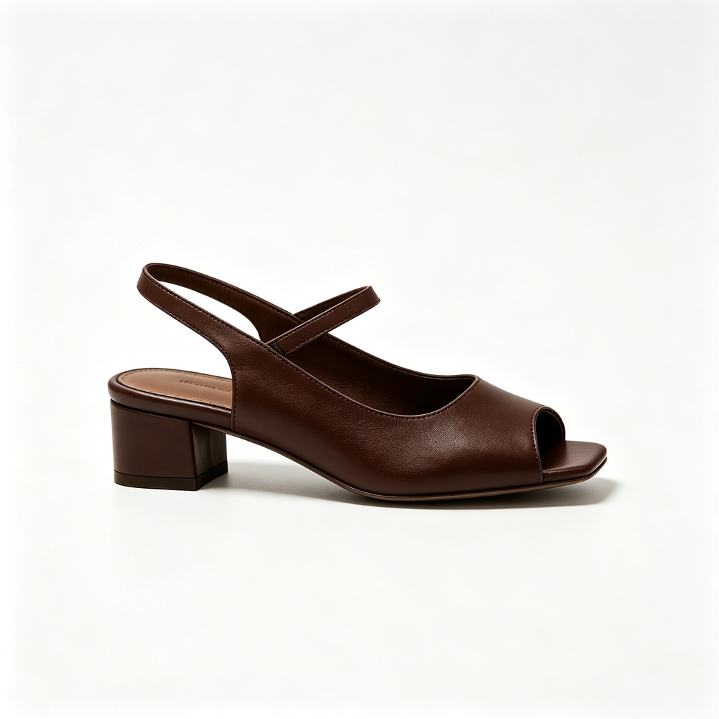 Dark Brown Leather Peep-Toe Slingback Block Heel Sandals