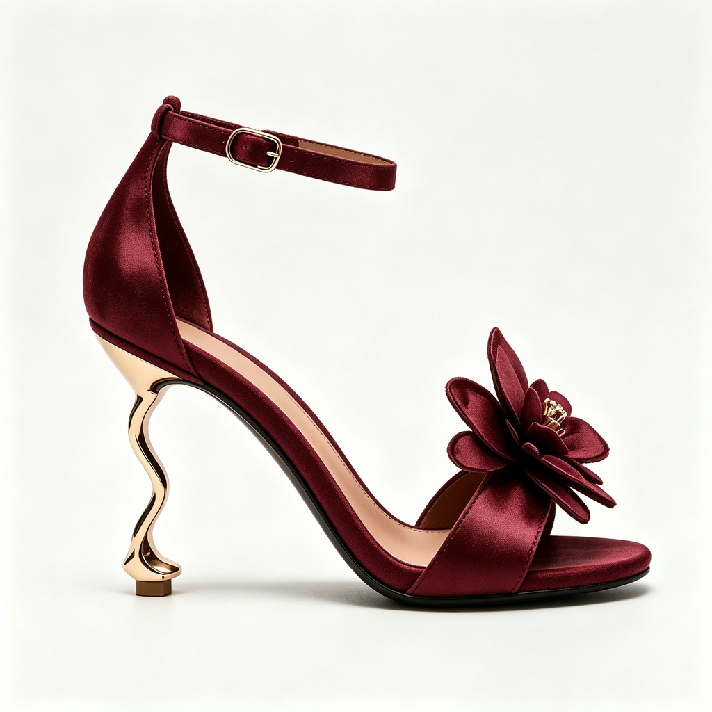 Burgundy Satin 3D Flower Curved Gold Heel Ankle‑Strap Sandals
