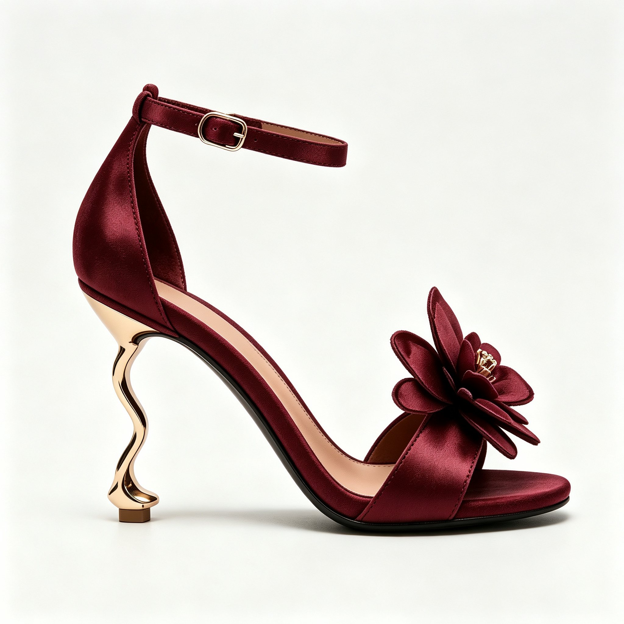 Burgundy Satin 3D Flower Curved Gold Heel Ankle‑Strap Sandals